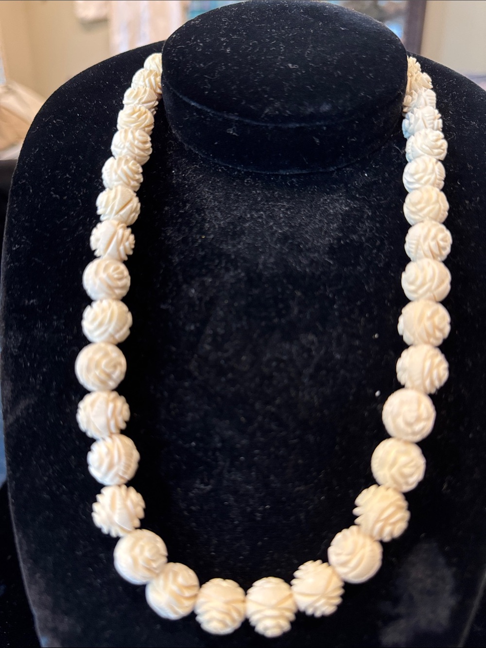 Vintage Chinese (?) Carved Faux Ivory Floral Bead Necklace